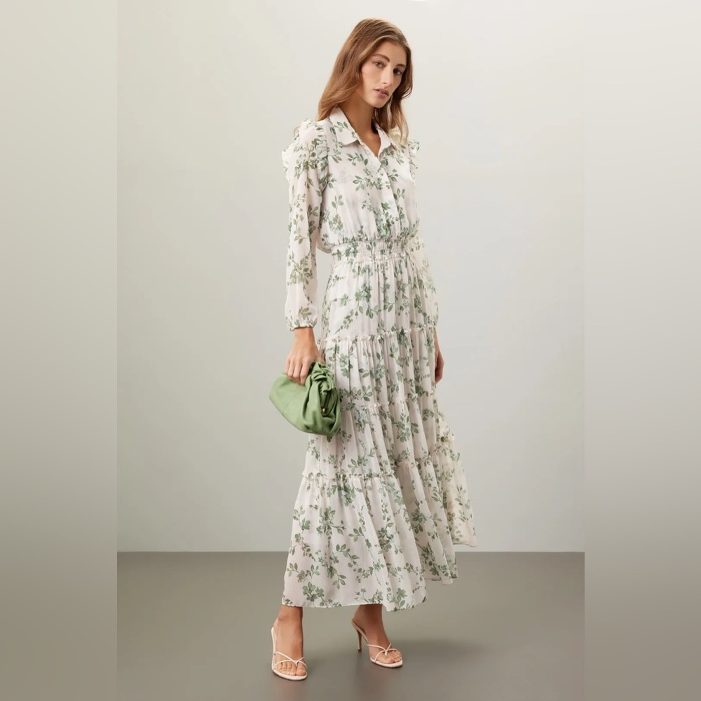 MISA ahreana green floral shirt dress maxi long sleeve white layered ruffle